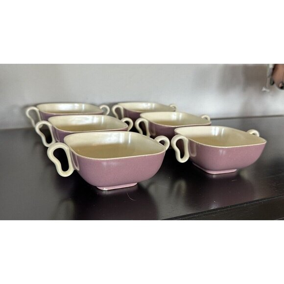 6 Franciscan Metropolitan Mauve Flat Cream Soup Bowls 1940 1957 Art Deco - Picture 4 of 10